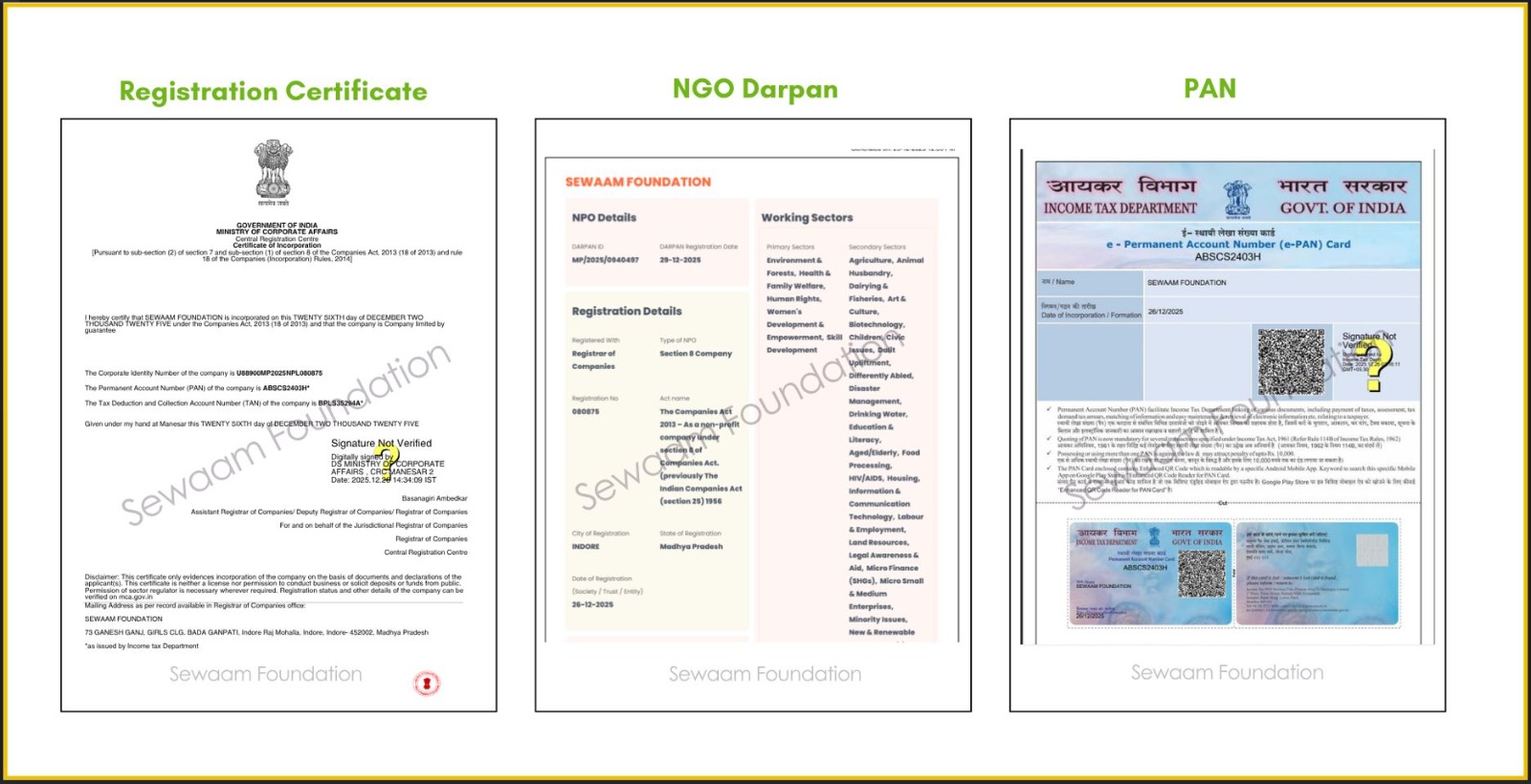 Registration, Darpan, PAN Documents